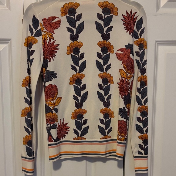 Tory Burch Cream Cardigan with Red and Yellow Floral Pattern - Picture 3 of 5